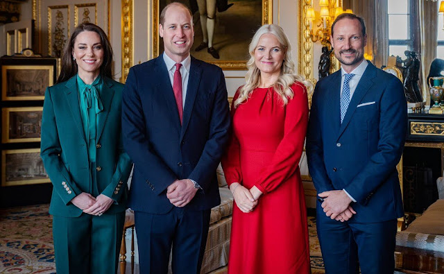 Princess of Wales wore a green single-breasted tailored blazer and blouse by Burberry. Crown Princess Mette-Marit wore a red dress