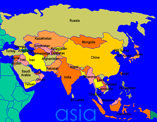 Map Of Eurasia With Countries. ASIA. Population: 3335672000