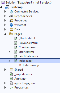 Estructura de proyecto con el archivo Index.razor.js anidado con el componente Index.razor