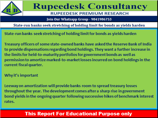 State-run banks seek stretching of holding limit for bonds as yields harden - Rupeedesk Reports - 29.06.2022