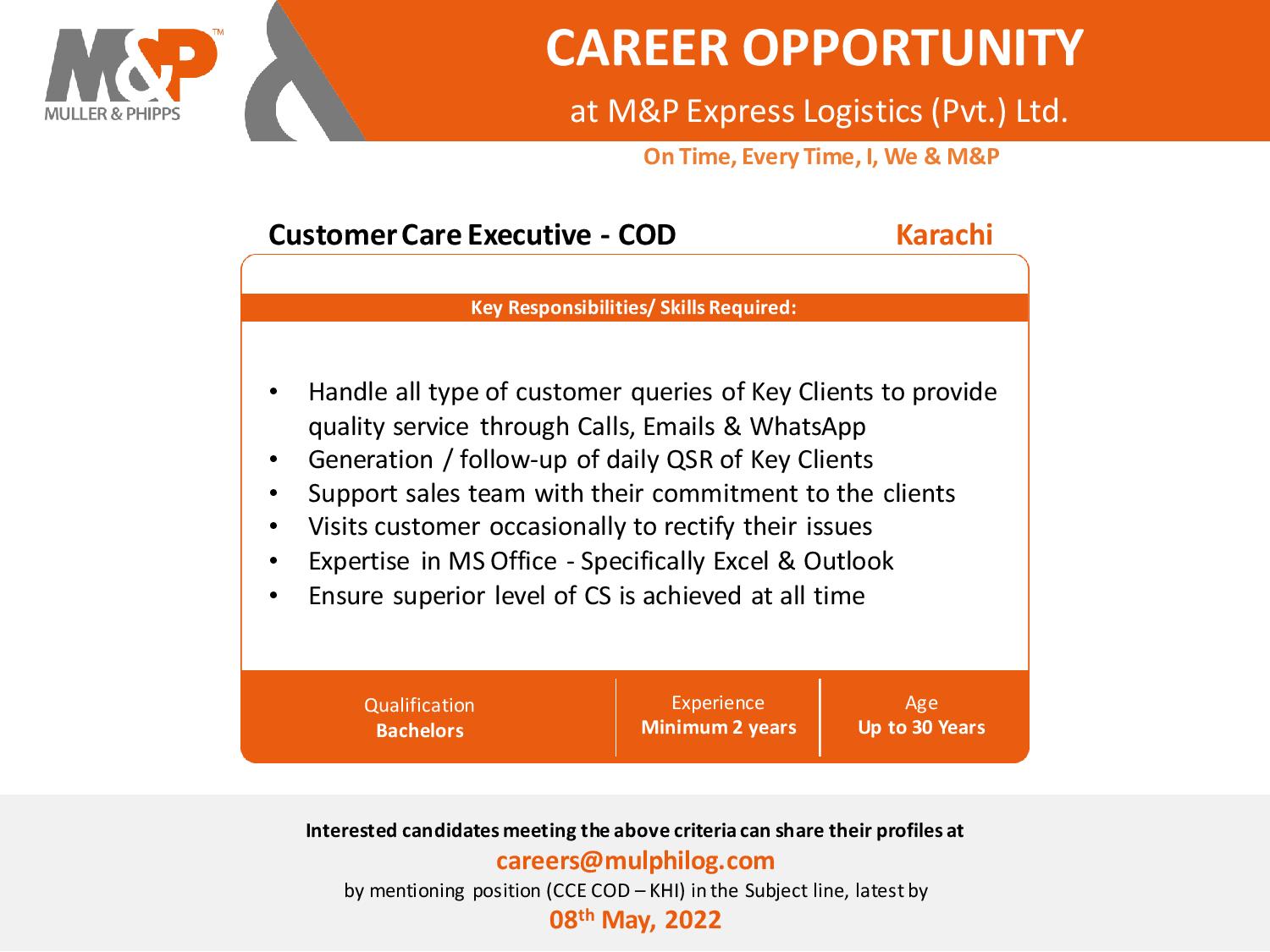 Customer Care Executive - COD opportunity at M&P Express Logistics