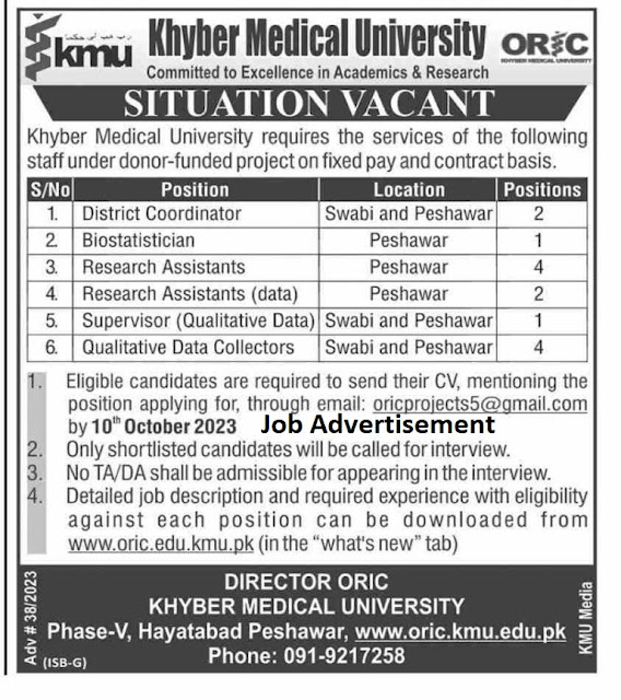 ( KMU )  Khyber Medical University  Jobs 2023- Govt Jobs KPK 2023