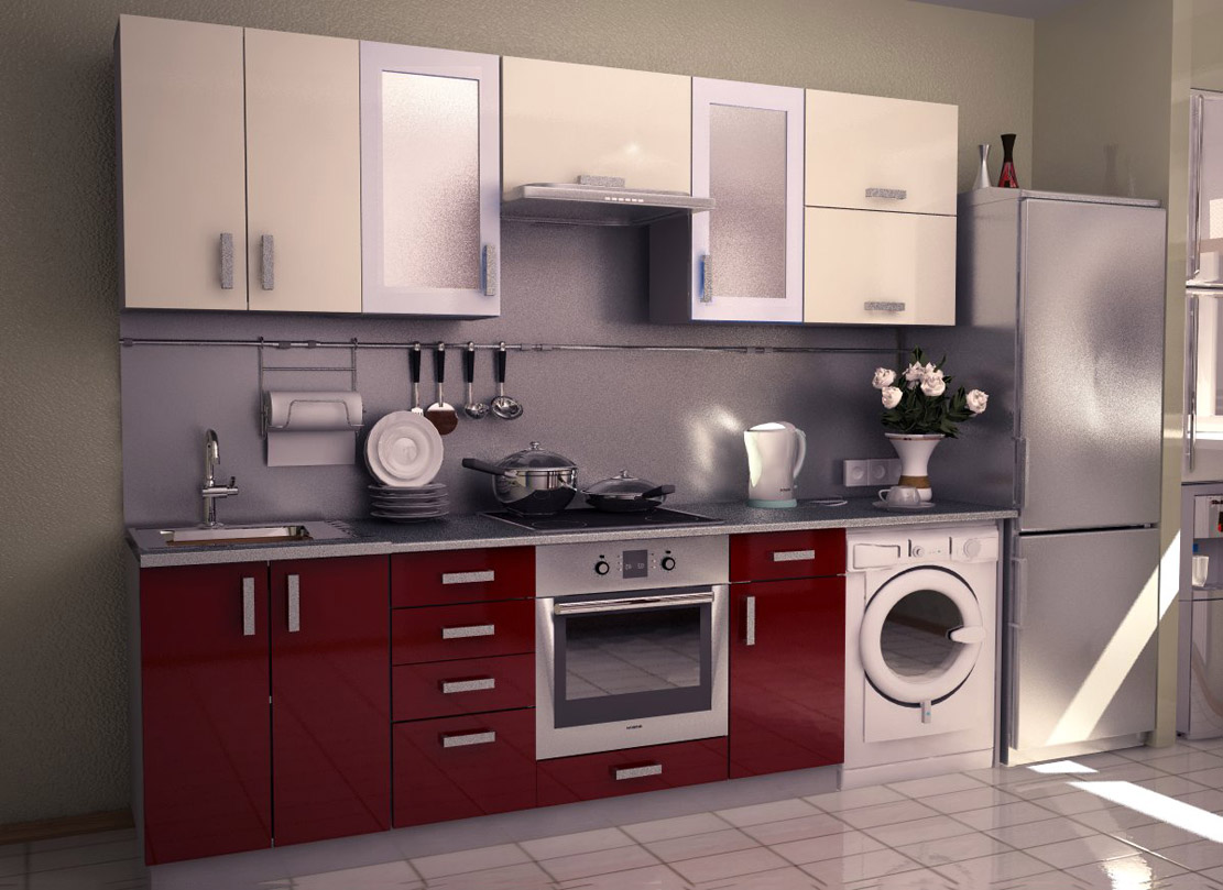 small kitchen using red modular kitchen design with beige wall cabinet plus grey backsplash featuring washing machine and silver fridge also electric range plus kitchen sink modular kitchens design f