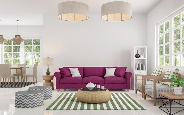 biały pokój z fioletową kanapą