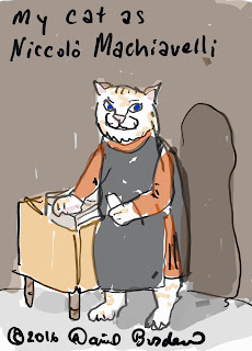 drawing of a white cat as Niccolo Machiavelli by David Borden, copyright 2016