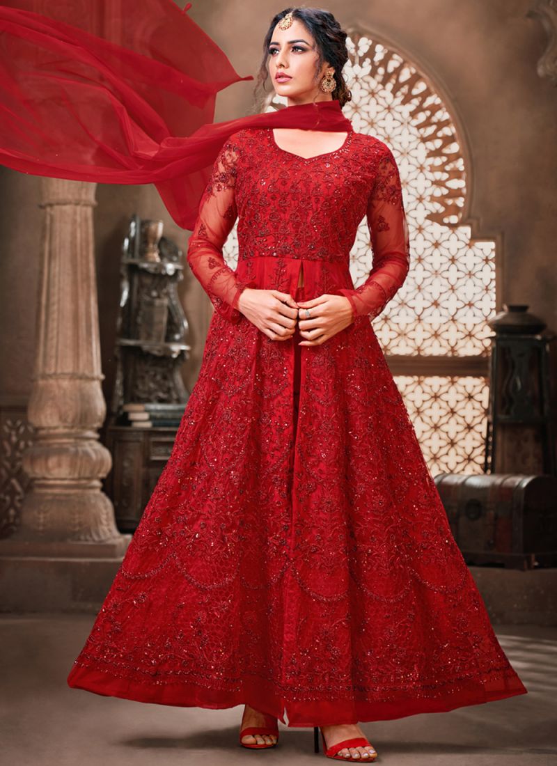 Embroidered Net Red Anarkali Suits