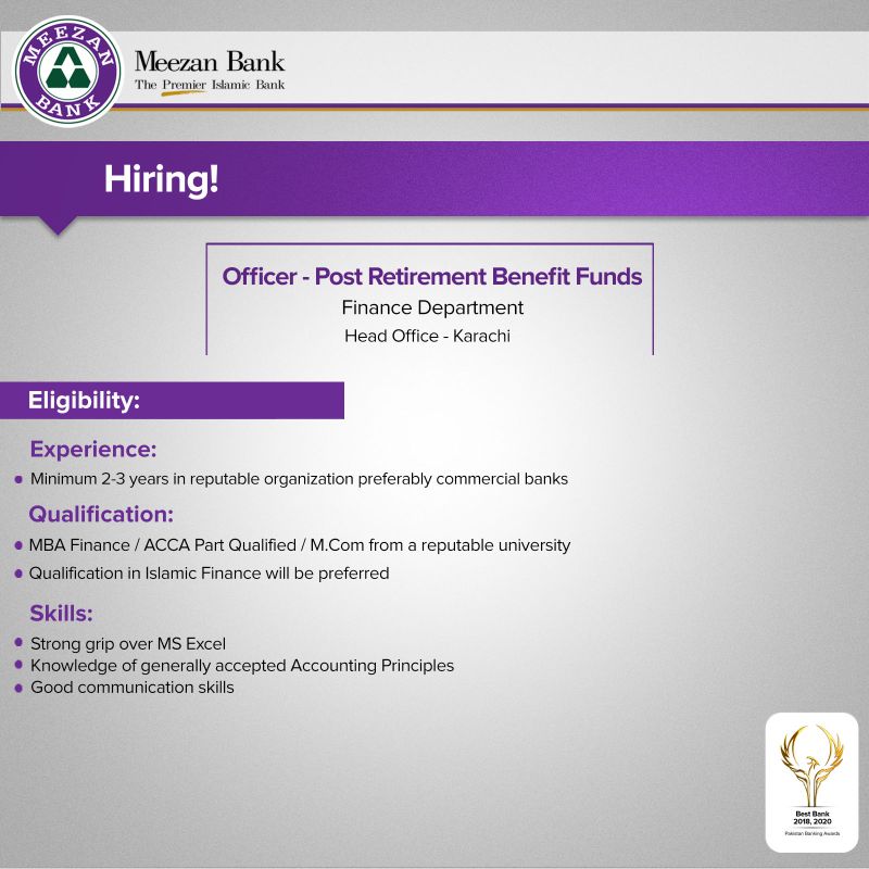 Meezan Bank Ltd Jobs Officer - Post Retirement Benefit Funds