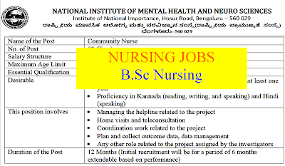 NIMHANS Community Nurse Job Vacancies- 2023