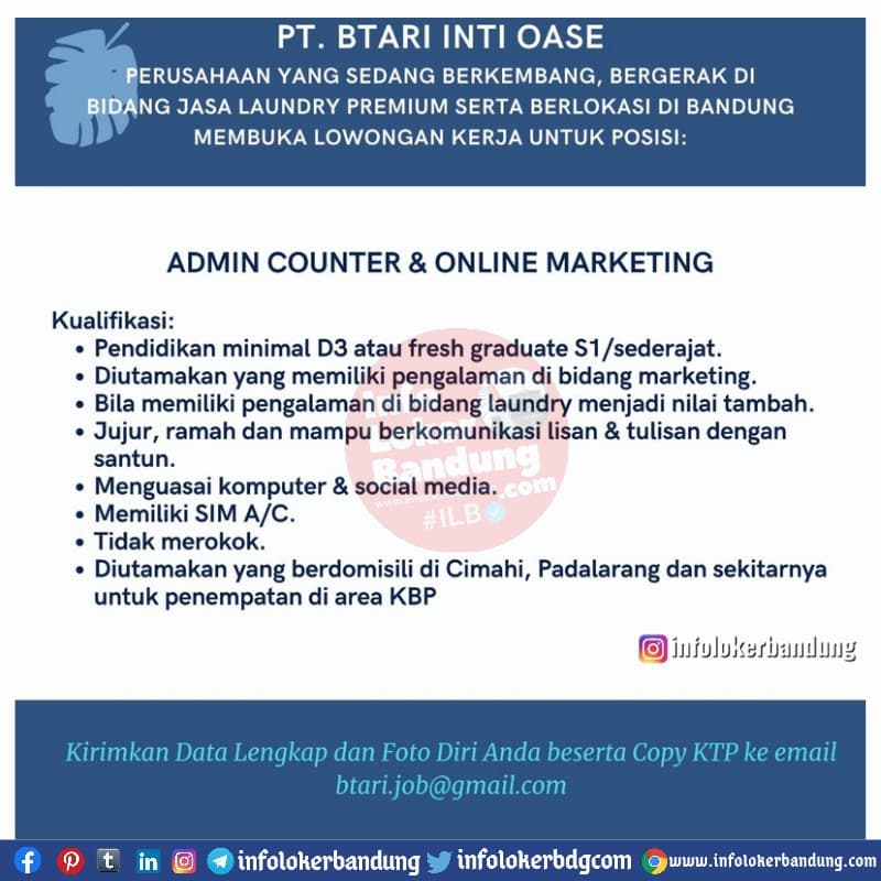 Lowongan Kerja Admin Counter & Online Marketing PT. Btari Inti Oase Bandung Mei 2021