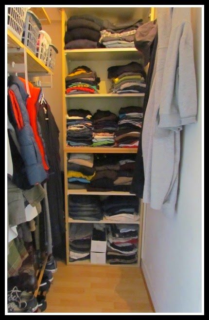 In a tiny closet, declutter first then adapt to the space.