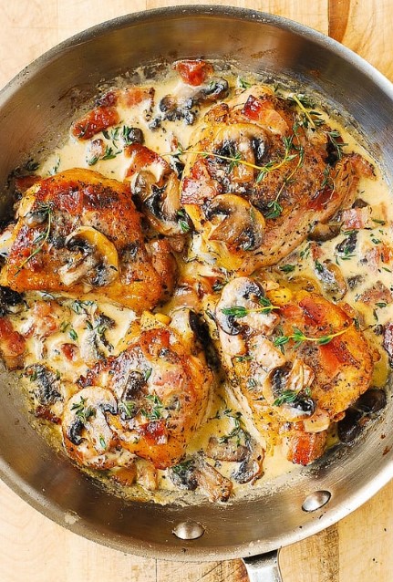 Chicken Thighs with Creamy Bacon Mushroom Thyme Sauce