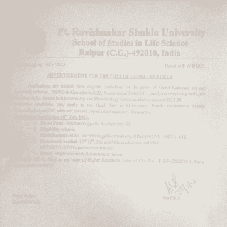 PT RAVISHANKAR SHUKLA UNIVERSITY RECRUITMENT | पं रविशंकर शुक्ल यूनिवर्सिटी में विभिन्न शैक्षणिक पदों की भर्ती