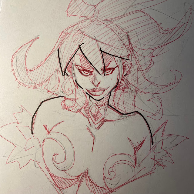 Red Monika sketch from Joe Madureira's Battle Chasers drawn by Ludo Lullabi