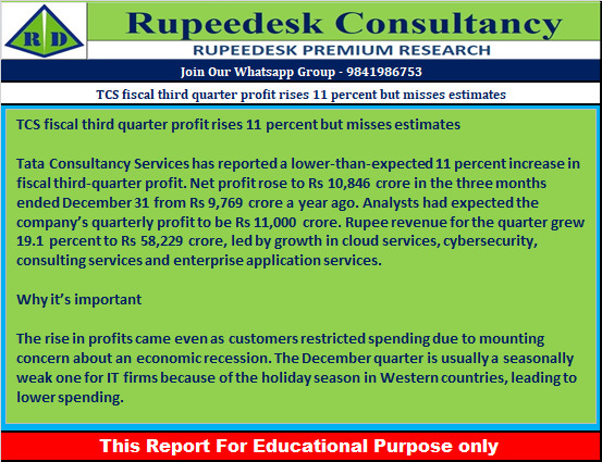 TCS fiscal third quarter profit rises 11 percent but misses estimates - Rupeedesk Reports - 10.01.2023