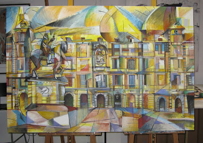 Paso a paso de un cuadro de la Plaza Mayor de Madrid pintado en acrílico por Juan Sanchez Sotelo. Academia de dibujo y pintura Artistas6 de Madrid. Cursos y clases para aprender a pintar.