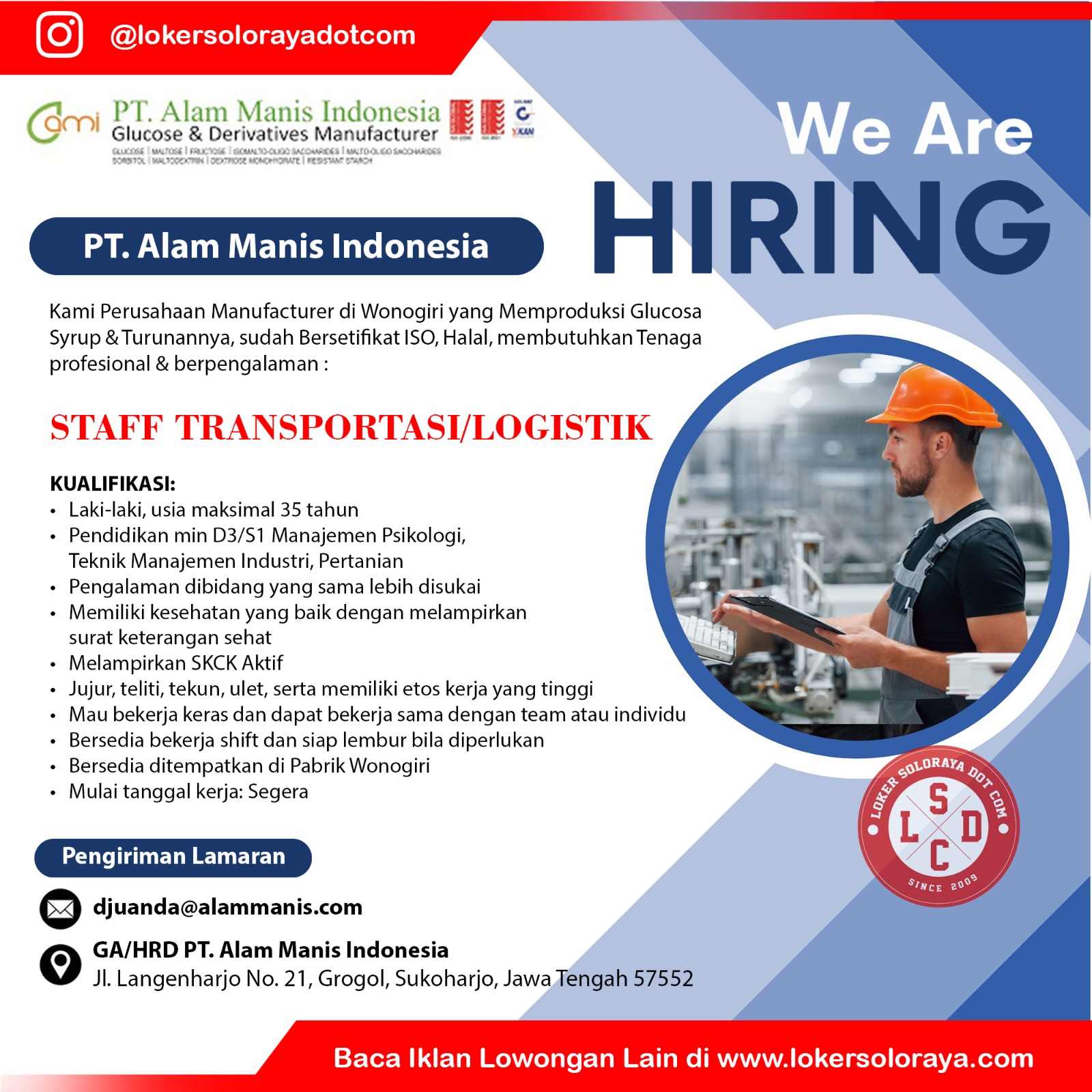 Loker Mekanik Produksi & Staff Transportasi Wonogiri di PT Alam Manis Indonesia