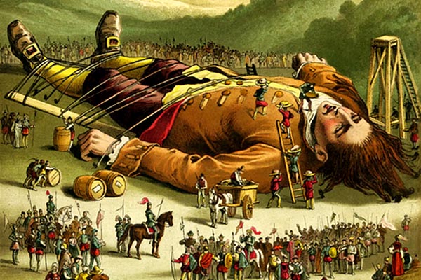 in a color illustration, a seeming giant is lashed to the ground by ropes passed over his body while a troop of little people gazes toward him in the foreground