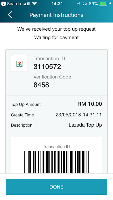 Lazada ewallet topup via 7-11, Need to make payment within 48 hours