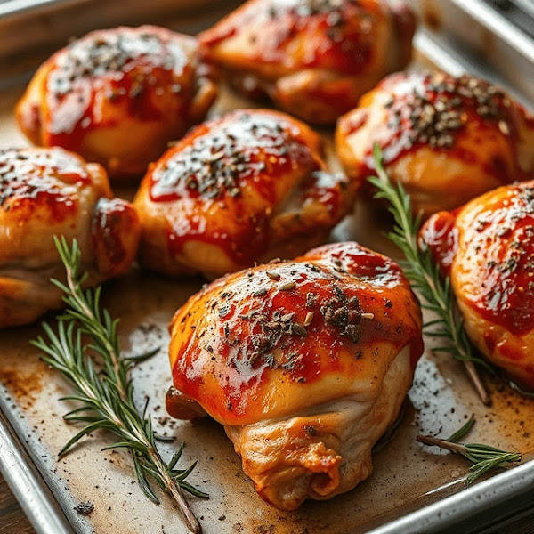Oven-baked chicken thighs with a brown glaze, garnished with rosemary and thyme on a baking sheet.