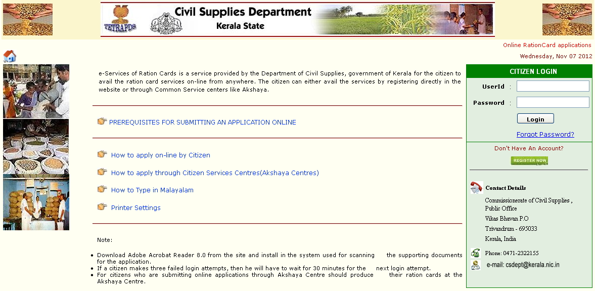 Official webs ite: http://civilsupplieskerala.gov.in Citizen Login ...