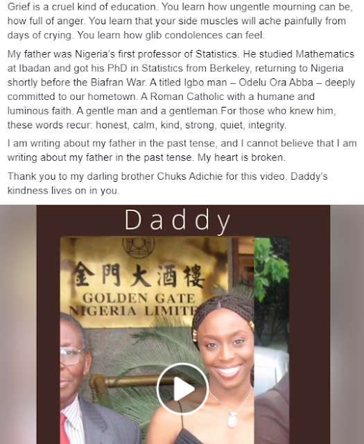 Chimamanda Ngozi Adichie writes heartfelt words about her father to mourn him