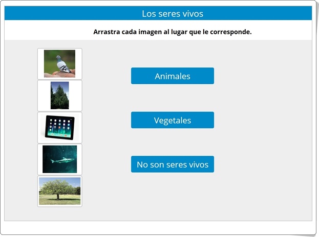 "Los seres vivos: Animales, plantas y seres inertes" (Actividad interactiva de Ciencias Naturales de Primaria)