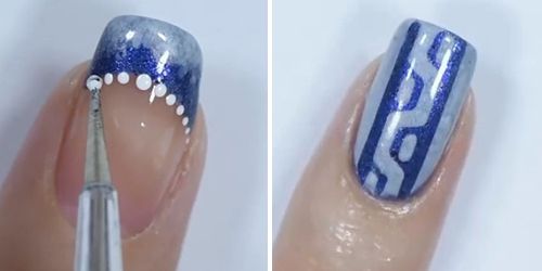 pintando bolinhas com esmalte branco nas unhas azuis