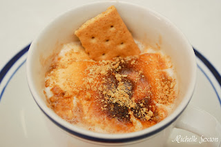 close up view of a toasted marshmallow in a cup of hot cocoa