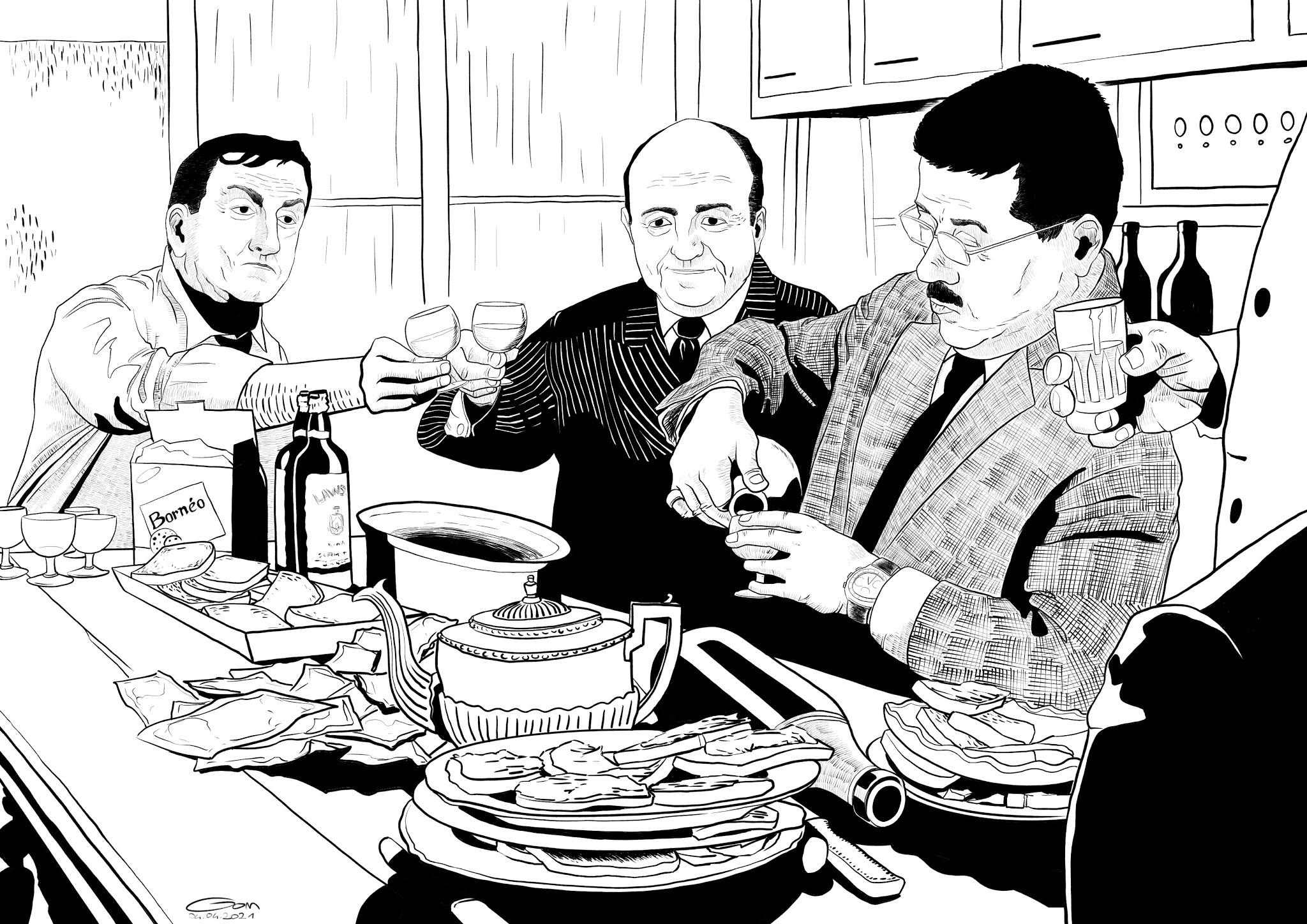 Scène de la cuisine du film Les Tontons flingueurs avec Lino Ventura, Bernard Blier, Francis Blanche