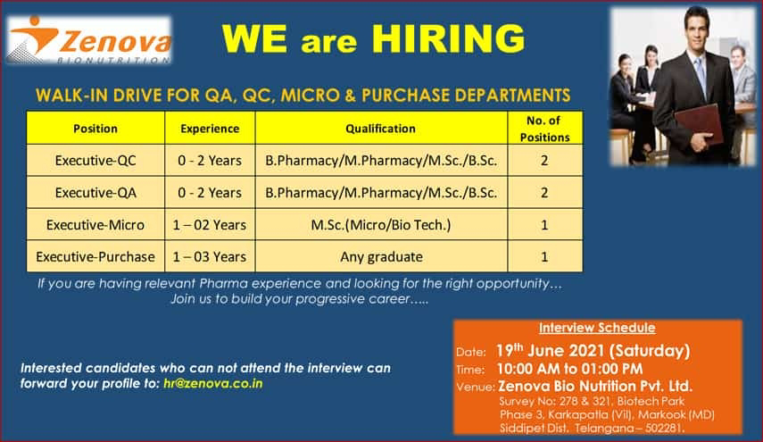 Job Availables, Zenova Bio Nutrition Interview for Freshers & Experienced B.Pharm/ M.Pharm/ MSc/ BSc in Quality Assurance/ Quality Control/ Micro / Purchase