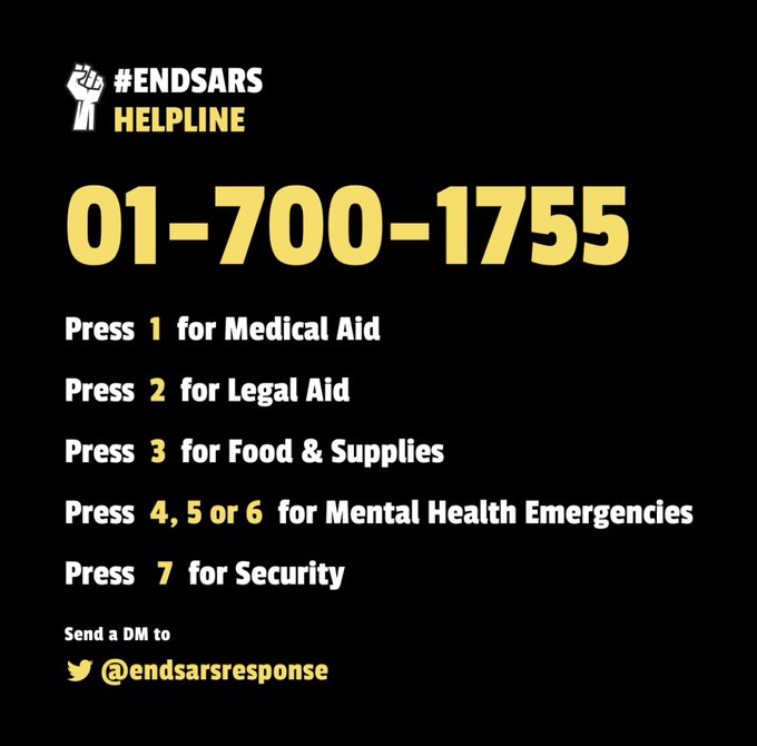 #EndSARS Protesters Setup Emergency Helpline To Tackle Medical, Legal And Food Related Issues