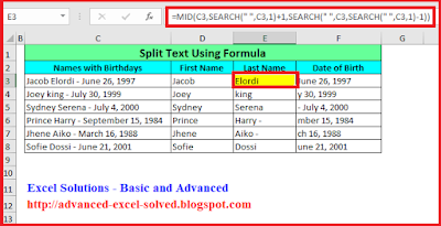 Split Cell Content using Excel Formula - Functions MID & SEARCH