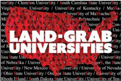 Land-Grab Universities. Map of United States imposed on the names of land-grant universities. Image Courtesy of the Humanities Collaboratory, The Ohio State University.