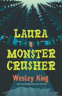 Book cover, 'Laura Monster Crusher' by Wesley King. Illustration depicts a gaping hole in the ground, ringed by tall trees