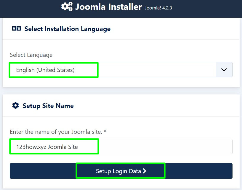 joomla installer select installation language and setup site name
