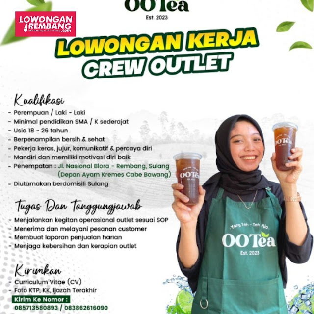 Lowongan Kerja Pegawai Crew Outlet OO Tea Rembang