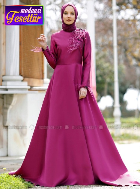 Omuz Detaylı Abiye Elbise - Vişne - Minel Aşk - 2018 Tesettur Abiye Elbise Modelleri