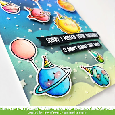 Belated Birthday (planets) Card by Samantha Mann for Lawn Fawn, Distress Oxide Inks, Birthday, Stencil, Die Cutting, Cards, Card Making, Ink Blending #lawnfawn #birthday #galaxy #cardmaking #cards #distressinks #inkblending #birthday #belatedbirthday