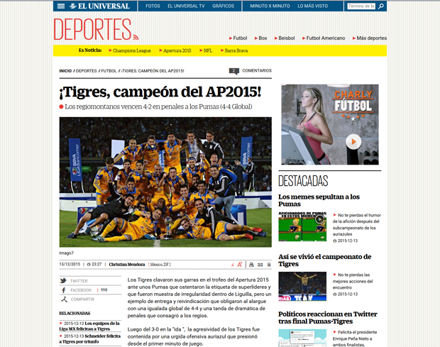 Reacciones de los medios electrónicos sobre el Campeonato de Tigres en el torneo Apertura 2015 del futbol mexicano Liga MX | Ximinia