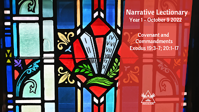 ID: a stained glass window with the ten commandments depicted on stone tablets in the center. On the right, in a red box, is the following text: "Narrative Lectionary / Year 1 - October 9 2022 / Covenant and Commandments / Exodus 19:3-7; 20:1-17" with the diakonia.faith logo at the bottom.
