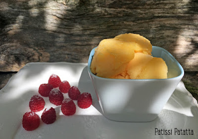 sorbet maison, glace maison, sorbetière, sorbet aux pêches maison, sorbet aux fruits maison, glace à la sorbetière, dessert d’été, pêches, patissi-patatta