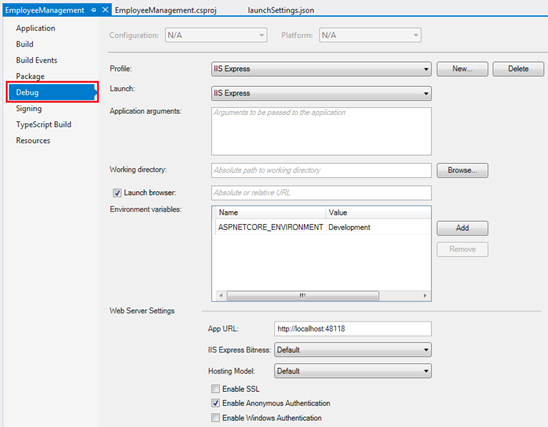 asp.net core launchsettings.json file