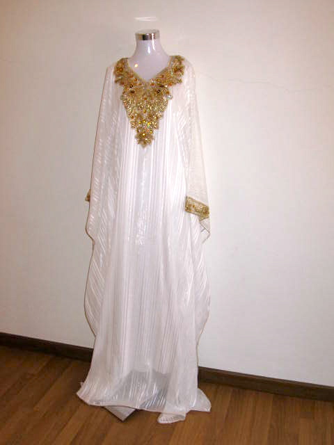 White with Gold Beading Kaftan Dress
