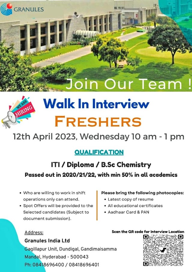 Granules India Limited | Walk-in Interview for Freshers on 12th April 2023