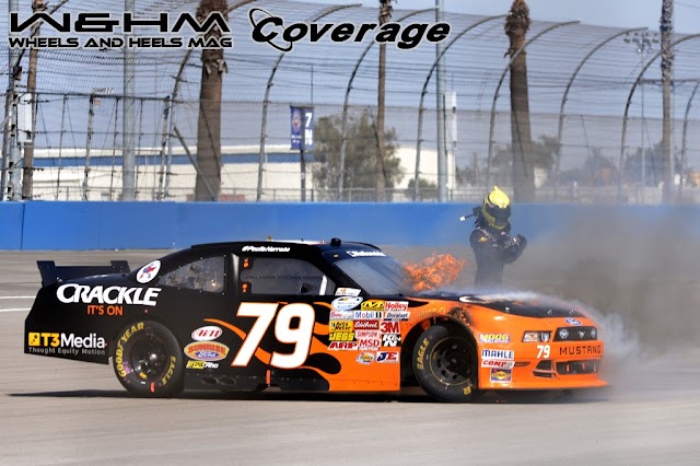 2013 #NASCAR Paulie Harraka's Car Caught Fire at Royal Purple 300 Fontana - Close Call