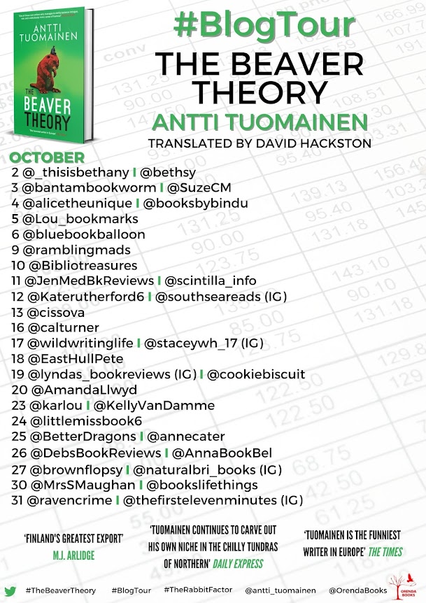 Blogtour poster for book "The Beaver Theory" by Antti Tuomainen