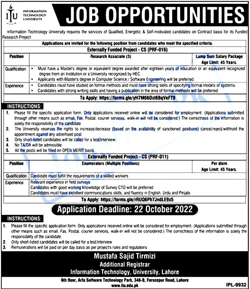ITU University of Information Technology Lahore Jobs 2022 jobs