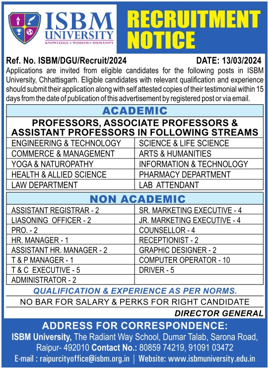 ISBM University Life Sciences Faculty Jobs