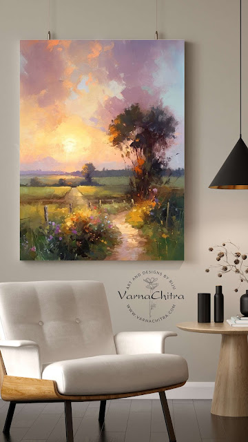 landscape paintign in portrait orientation, semi impasto oil painting wall decor by Biju Varnachitra