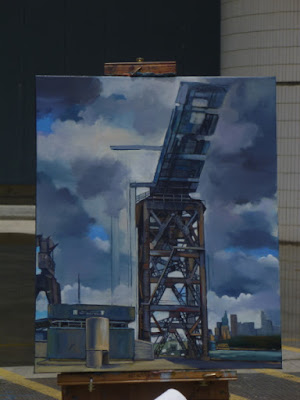 Plein air painting of the Hammerhead Crane before its demolition at Garden Island painted by industrial heritage artist Jane Bennett